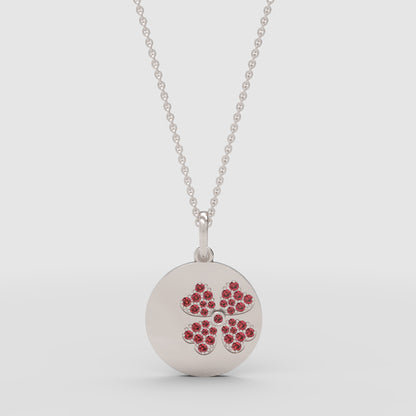 Ruby Flower Disc Pendant Necklace With Ball Chain - Three