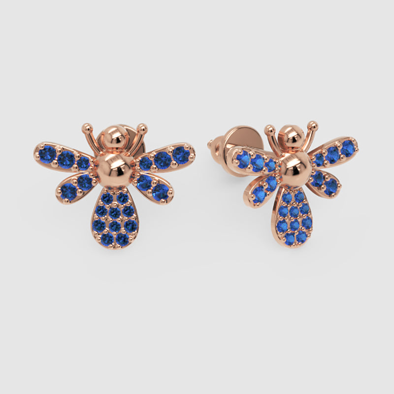 Blue Sapphire Bee Stud Earrings With Pav Wings - Four