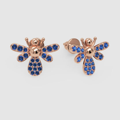 Blue Sapphire Bee Stud Earrings With Pav Wings - Four