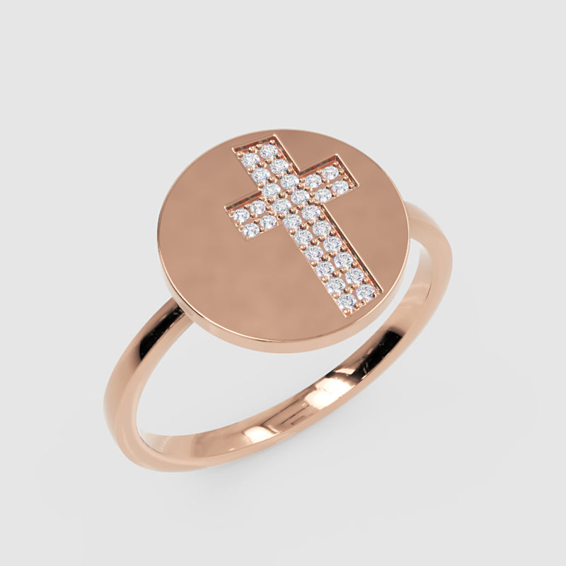 Pav Cross Disc Signet Ring With Twisted Band - Six
