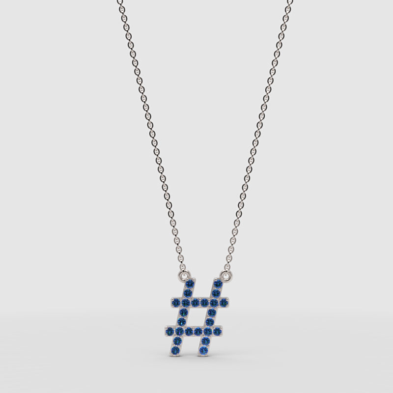 Blue Crystal Hashtag Pendant Necklace - Four