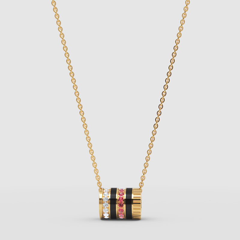 Rose Gold Multi-Band Barrel Pendant Necklace With Diamond, Red Gemstone & Enamel | Jebij - Four