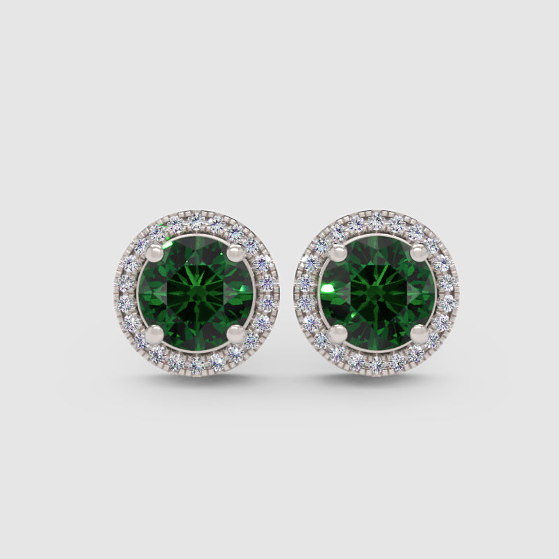 Emerald Green Round Halo Stud Earrings With Screw Back - Six