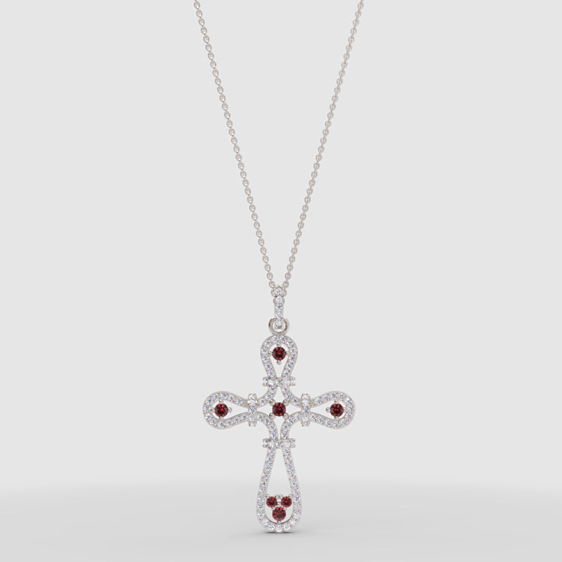 Ornate Cross Pendant Necklace With Red And Clear Stones Halo Design - Four
