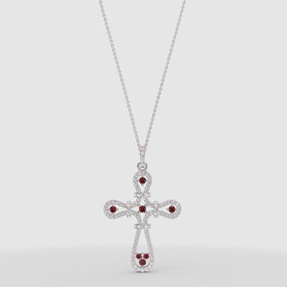 Ornate Cross Pendant Necklace With Red And Clear Stones Halo Design - Four