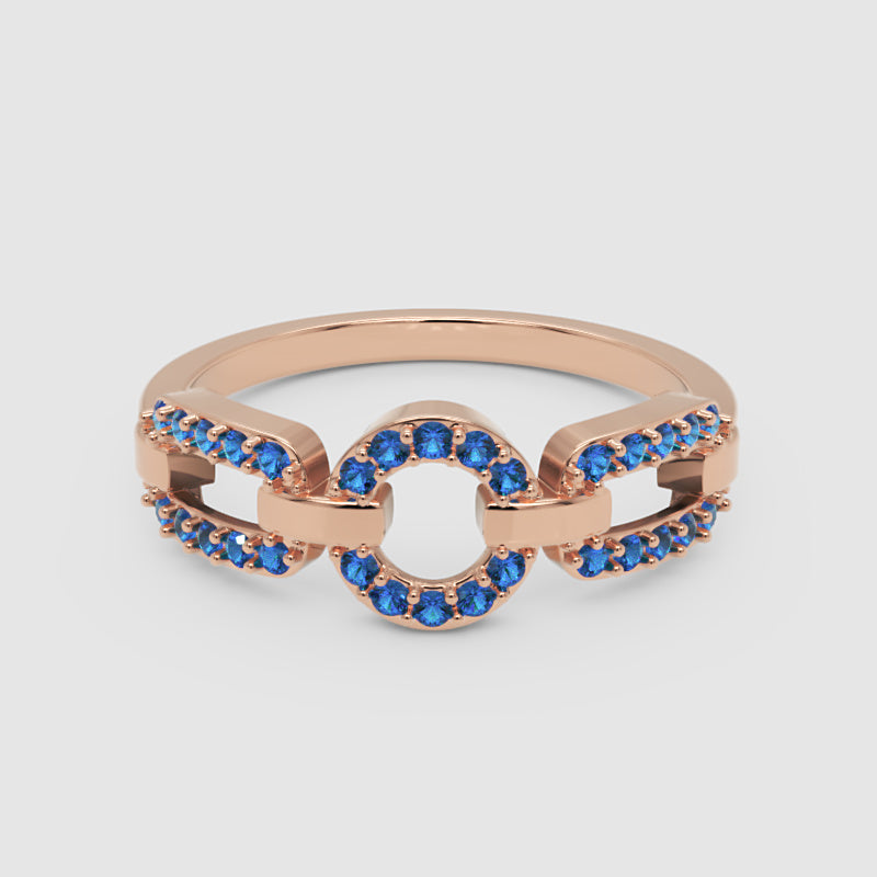 Blue Sapphire Circular Link Ring In Rose Gold | Double Pave Interlocking Chain Statement Luxury Ring For Women | Jebij - One