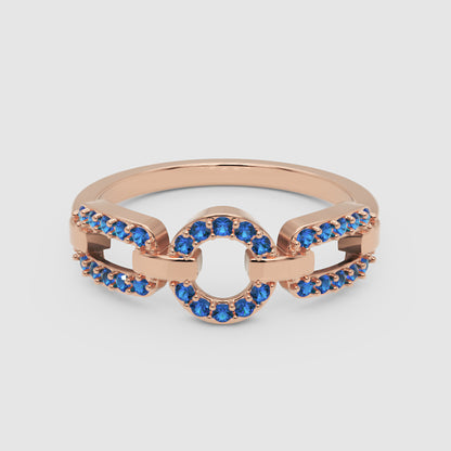 Blue Sapphire Circular Link Ring In Rose Gold | Double Pave Interlocking Chain Statement Luxury Ring For Women | Jebij - One