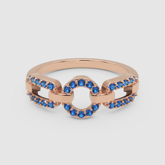 Blue Sapphire Circular Link Ring In Rose Gold | Double Pave Interlocking Chain Statement Luxury Ring For Women | Jebij - One