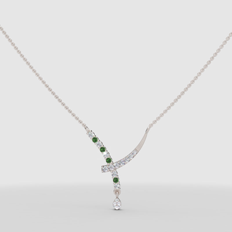 Natural Diamond Curved Bar Necklace With Green Gemstone Drop Pendant - Four