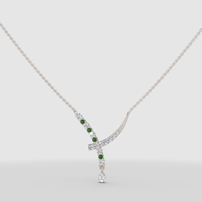 Natural Diamond Curved Bar Necklace With Green Gemstone Drop Pendant - Four