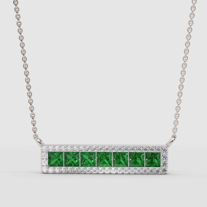 Emerald And Diamond Bar Necklace In Yellow Gold - Four