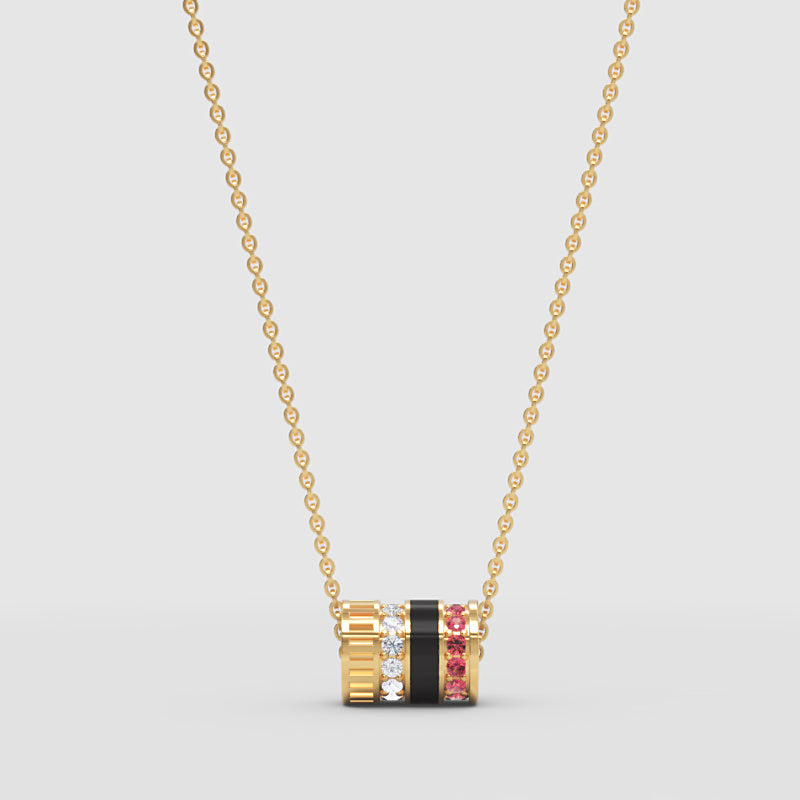 Diamond & Red Gemstone Barrel Pendant Necklace With Custom Enamel | Adjustable 16–17 Inch Chain In Rose Gold | Jebij - Four