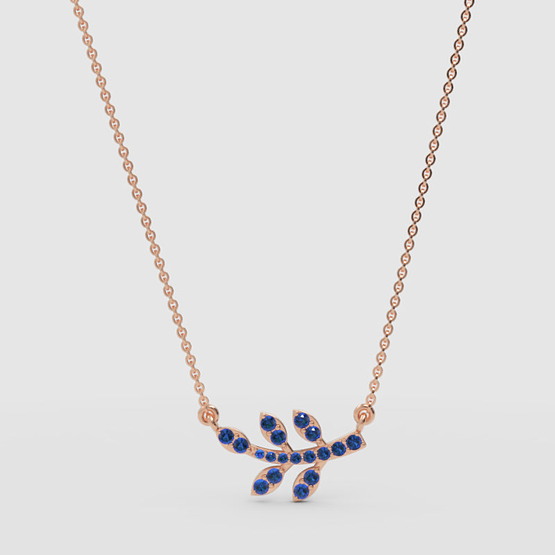 Blue Sapphire Leaf Branch Pendant Necklace - Four