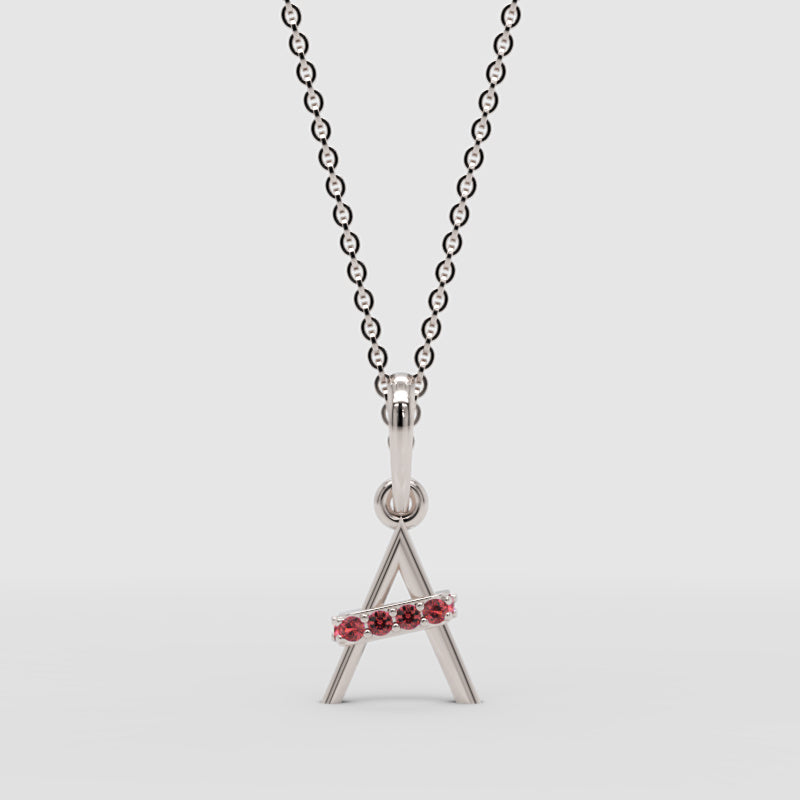 Initial Letter A Pendant Necklace With Pink Gemstones - Four