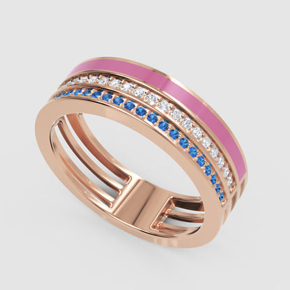 Blue Sapphire And Diamond Stackable Ring Set With Pink Enamel Band - Seven