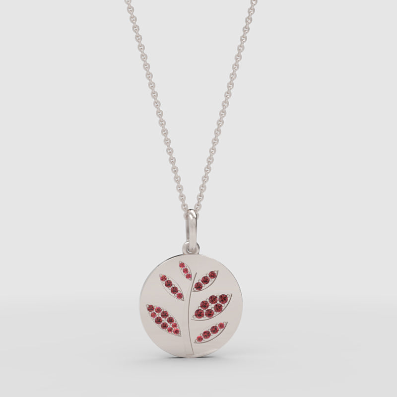 Rose Tone Leaf Disc Pendant Necklace With Pink Gemstones - Three