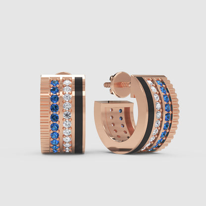 Blue Sapphire & Diamond Triple Row Hoop Earrings In White Gold With Black Enamel | Luxury Hoops | Jebij - Four