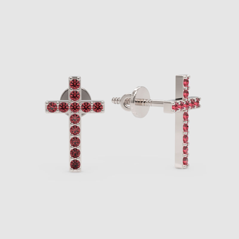 Ruby Cross Stud Earrings With Screw Back Closure - Four