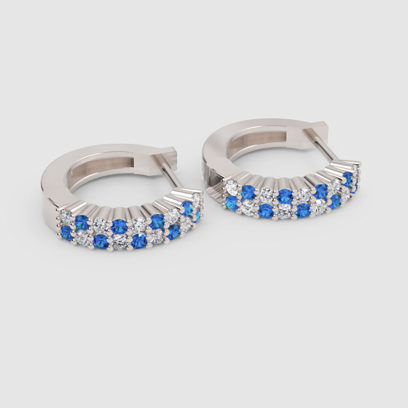 Rose Gold Blue Sapphire & Diamond Hoop Earrings – Double Row Huggie Earrings - Seven