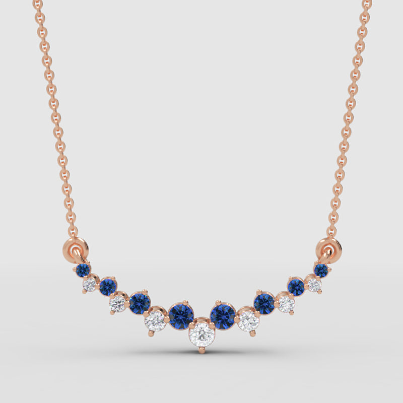 Blue Sapphire And Diamond Curved Bar Necklace In Yellow Gold - Four