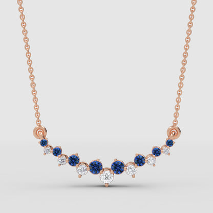 Blue Sapphire And Diamond Curved Bar Necklace In Yellow Gold - Four