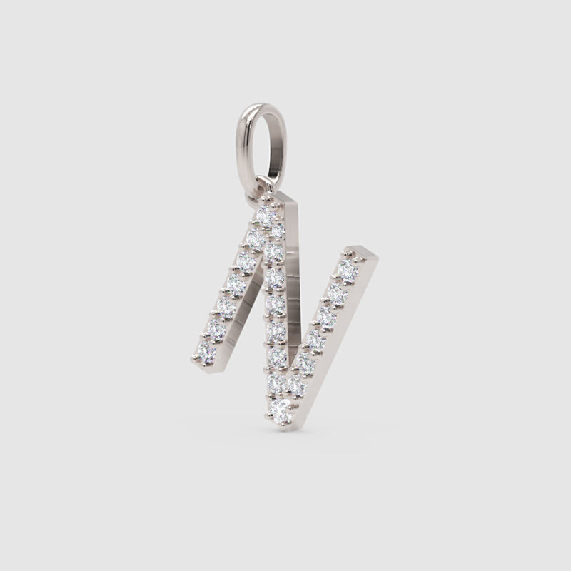 Diamond Initial N Letter Pendant Charm in White Gold