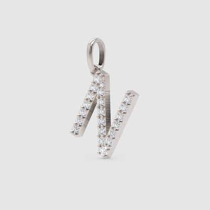 Diamond Initial N Letter Pendant Charm in White Gold