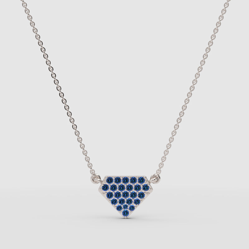 Pav Blue Gemstone Shield Pendant Necklace - Four