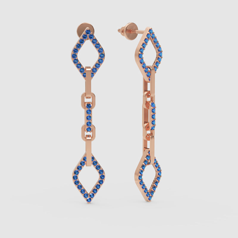 Blue Sapphire Chain Link Drop Earrings With Diamond Shaped Frames - Four