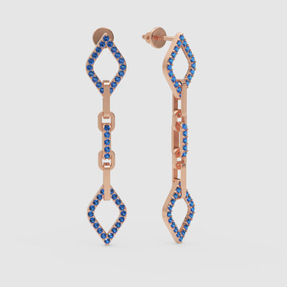 Blue Sapphire Chain Link Drop Earrings With Diamond Shaped Frames - Four