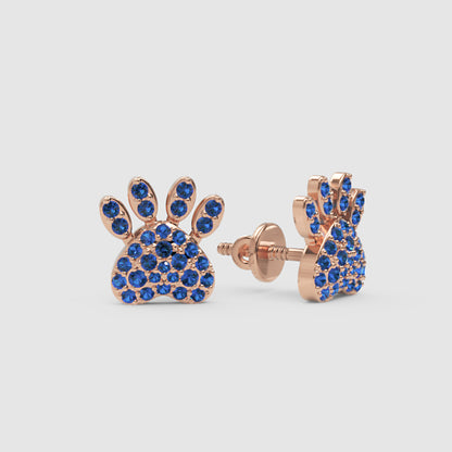 Blue Sapphire Paw Print Stud Earrings With Screw Back Closure - Four