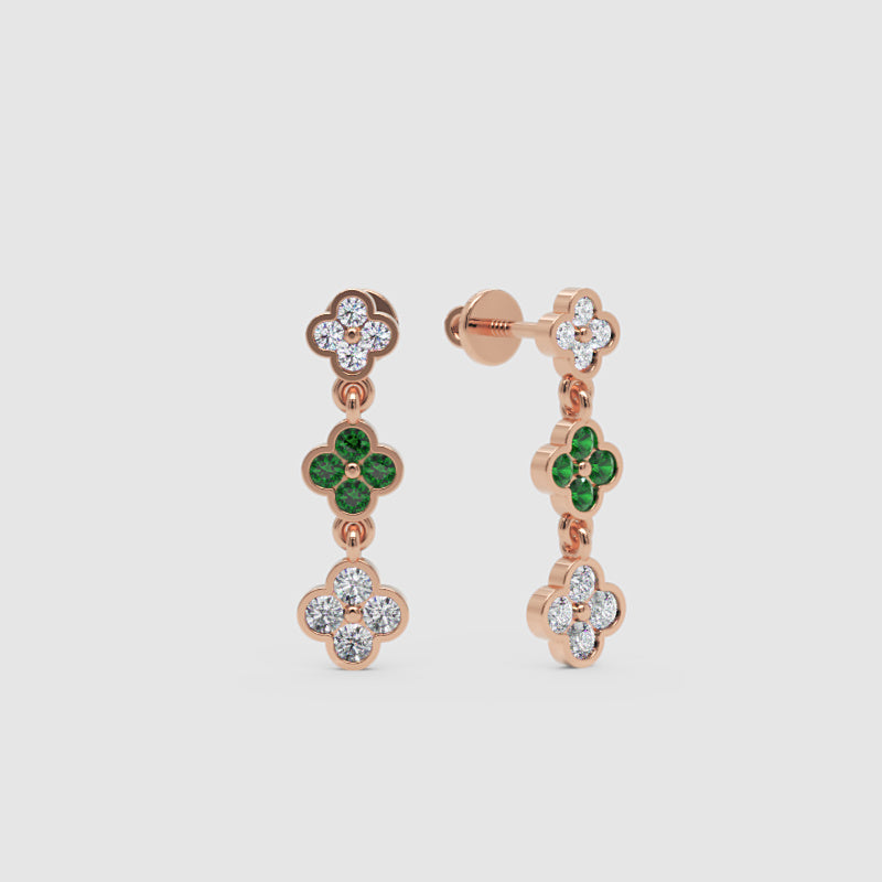 Gold Clover Drop Earrings With Green Gem Stone And White Diamonds - Seven
