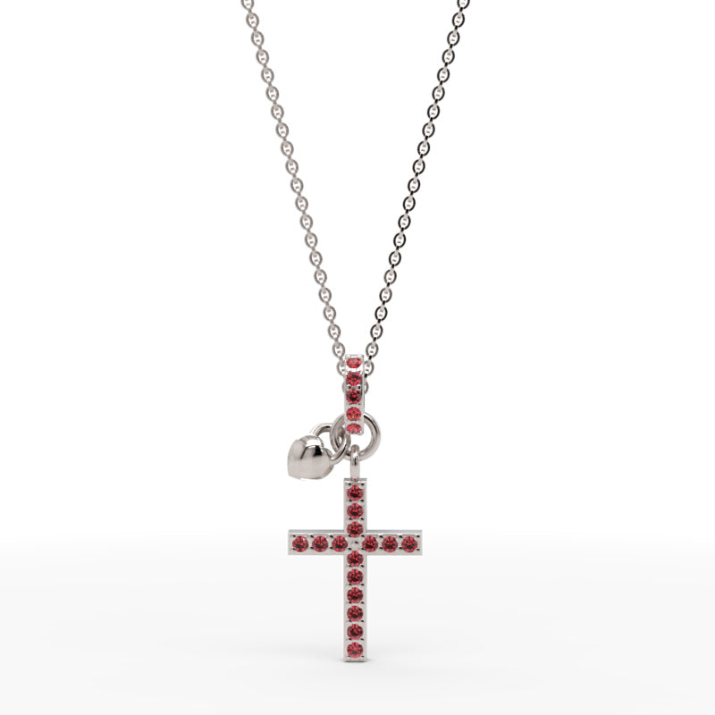 Pink Crystal Cross Pendant Necklace With Heart Charm - Three