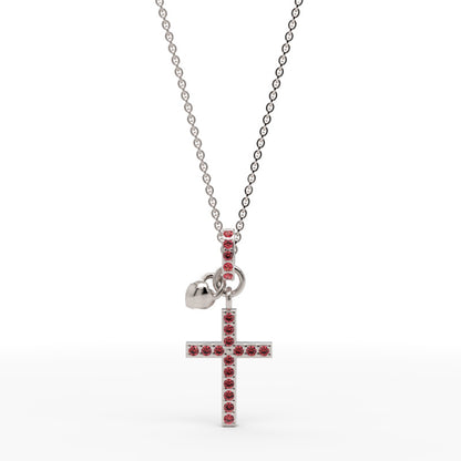 Pink Crystal Cross Pendant Necklace With Heart Charm - Three