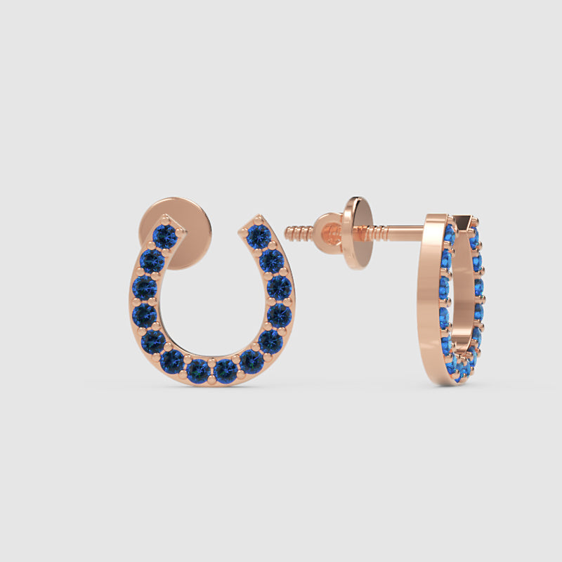 Blue Sapphire Horseshoe Stud Earrings With Screw Back Closure - Four