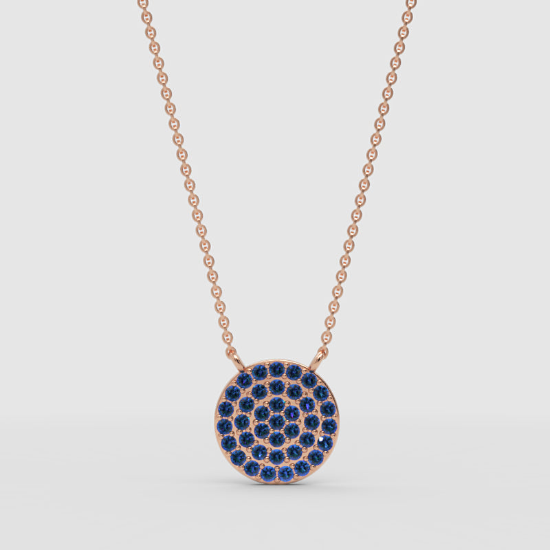 Blue Sapphire Pav Circle Disc Pendant Necklace - Four