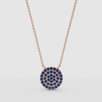 Blue Sapphire Pav Circle Disc Pendant Necklace - Four