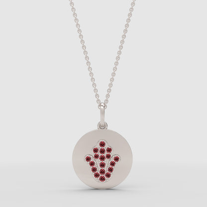 Hamsa Hand Disc Pendant Necklace With Pink Gemstones - Three