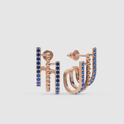 Blue Sapphire Multirow Curved Bar Stud Earrings - Four