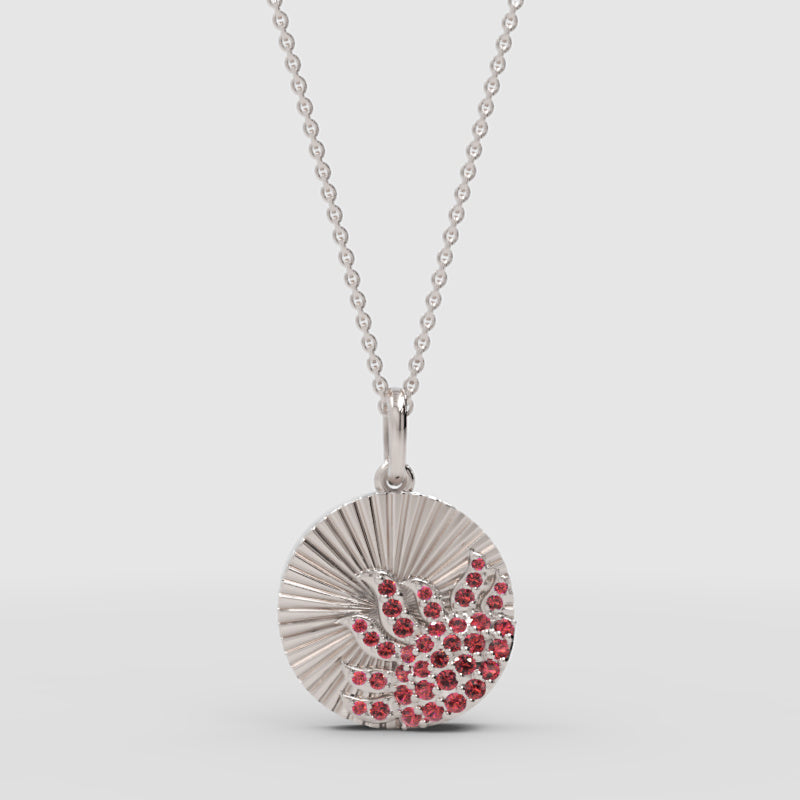 Ruby Sunburst Disc Pendant Necklace With Textured Rays - Three