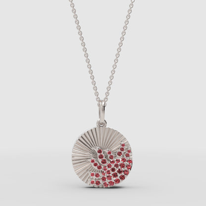 Ruby Sunburst Disc Pendant Necklace With Textured Rays - Three