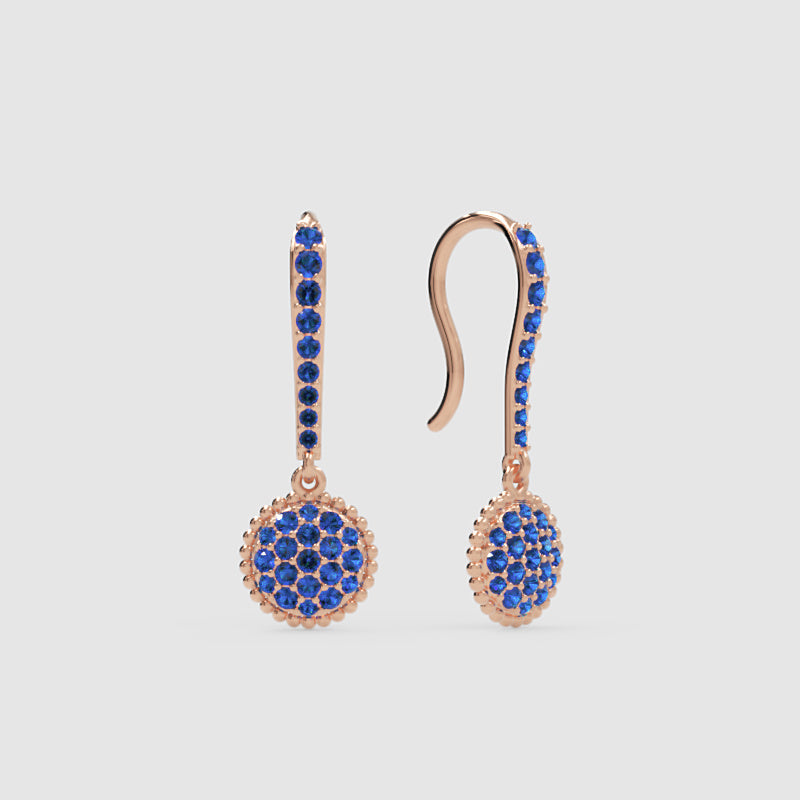 Blue Sapphire Pav Disc Drop Earrings with Beaded Halo