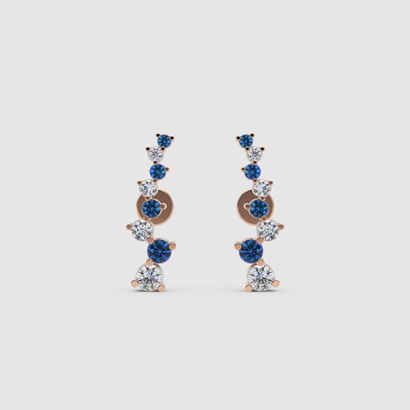Blue Sapphire And White Diamond Curved Climber Earrings In 14K Yellow Gold - Seven