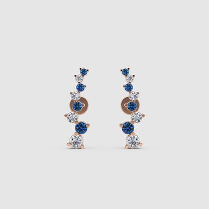 Blue Sapphire And White Diamond Curved Climber Earrings In 14K Yellow Gold - Seven