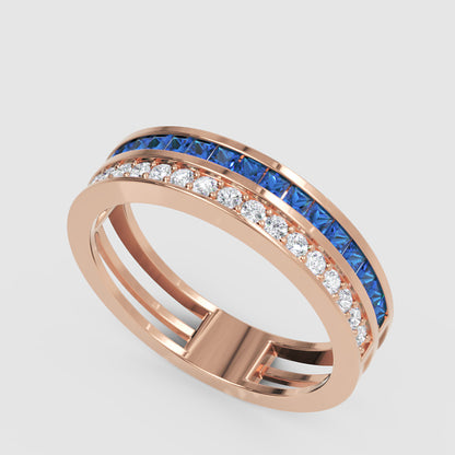 Blue Sapphire and Diamond Channel Set Double Band Ring