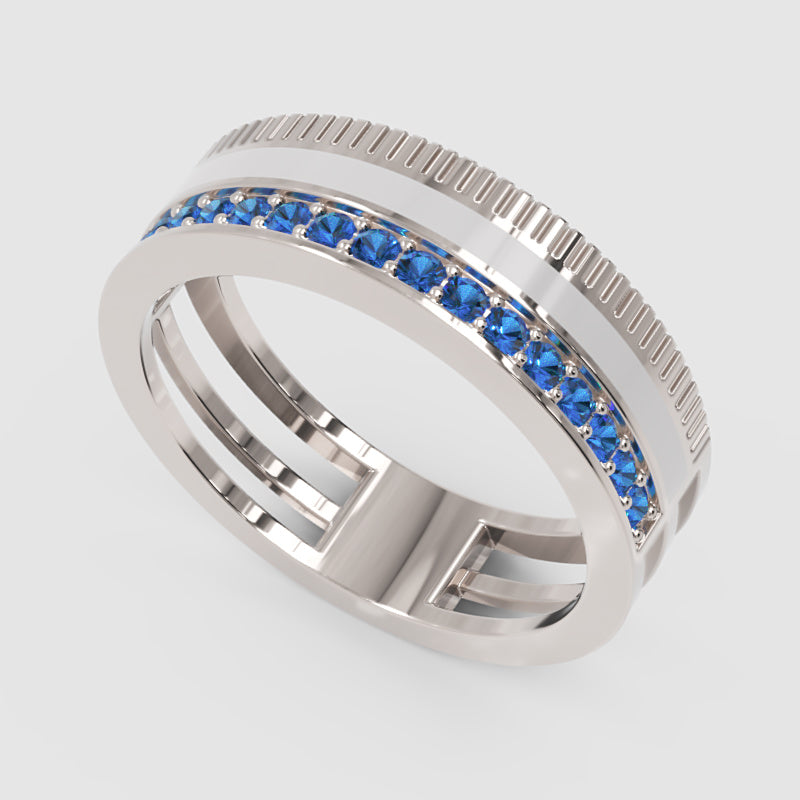 White Gold Blue Sapphire Band Ring With White Enamel Center – Modern Customizable Statement Ring | Jebij - Three