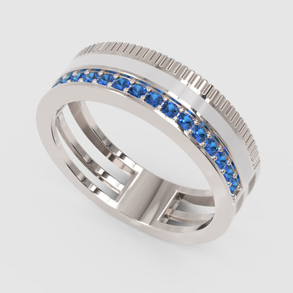 White Gold Blue Sapphire Band Ring With White Enamel Center – Modern Customizable Statement Ring | Jebij - Three