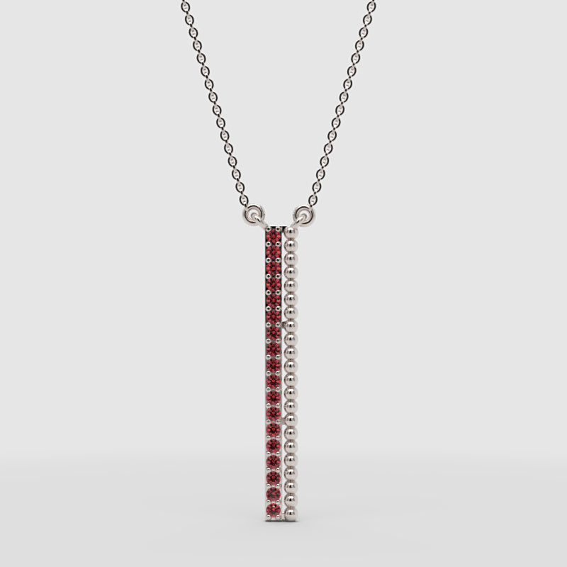 Vertical Bar Pendant Necklace With Red Gemstones And Beaded Detail - Four