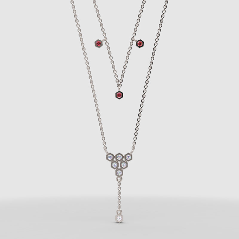 Layered Honeycomb Ruby And Diamond Lariat Necklace - Three