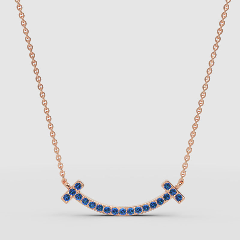 Blue Sapphire Curved Smile Bar Pendant Necklace - Four